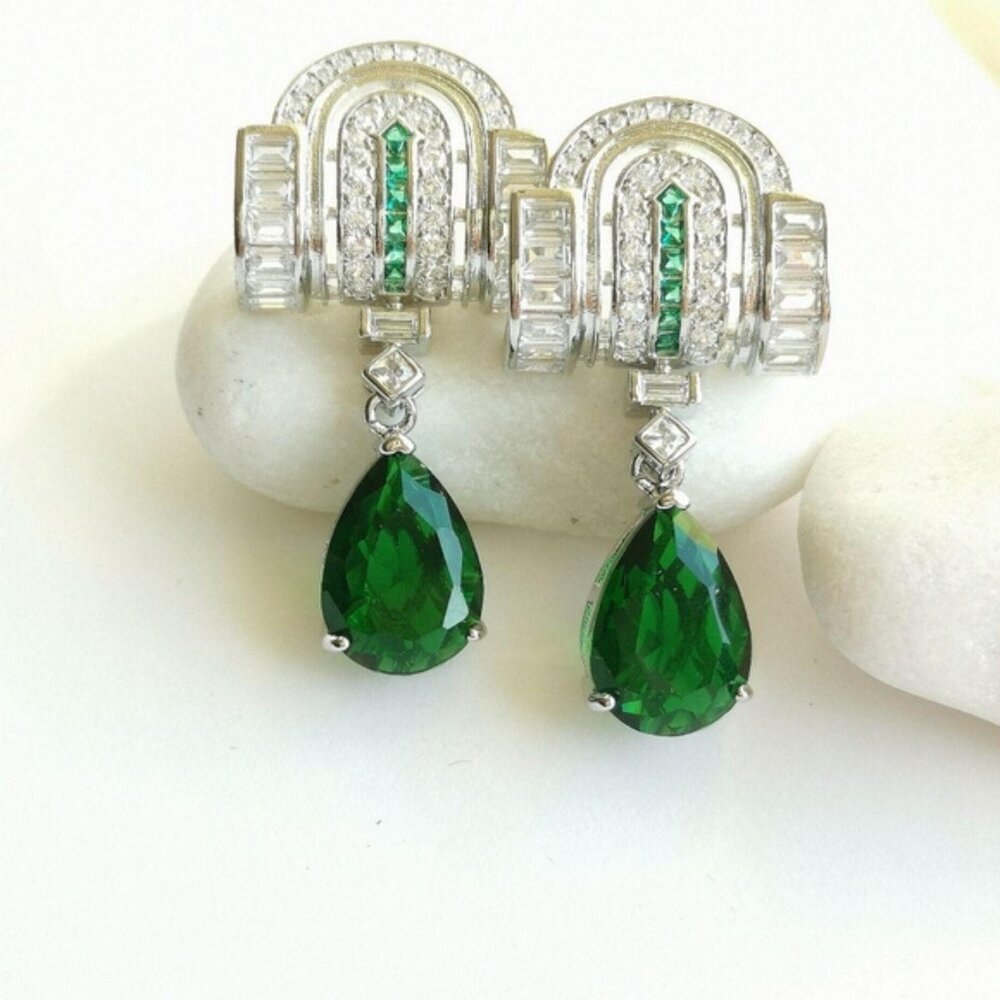 Emerald Cz Art Deco lever  earrings 14k white gold Overlay 🆕 - Picture 8 of 8
